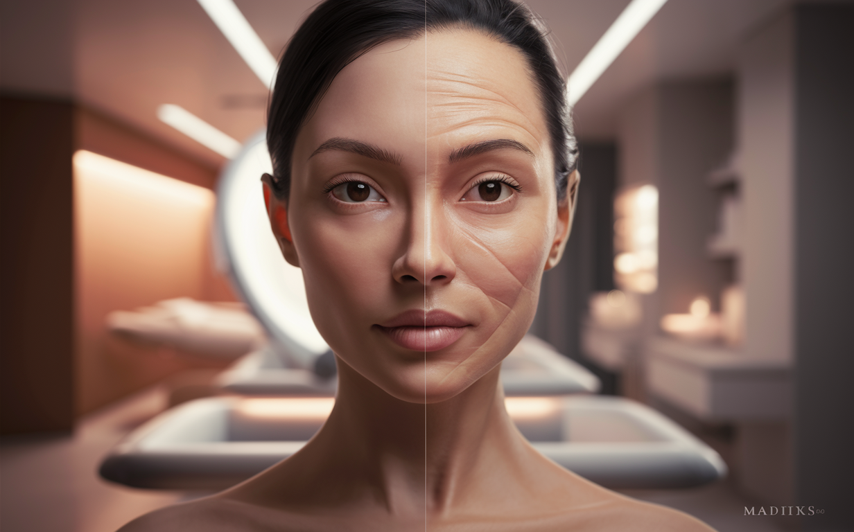 A side-by-side comparison image showing a woman's face, with one side appearing youthful and smooth, and the other side displaying signs of aging like wrinkles and fine lines, highlighting the potential results of the Morpheus8 skin rejuvenation treatment.